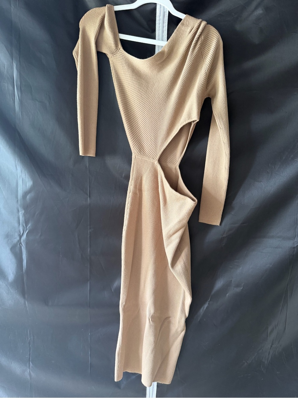 Camila Coelho Ribbed Knit Cutout Long Sleeve Midi Dress Beige Size Small